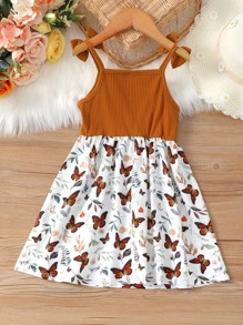 SHEIN Young Girl Butterfly & Plant Print Bow Shoulder Cami Dress - Multicolor - View 2