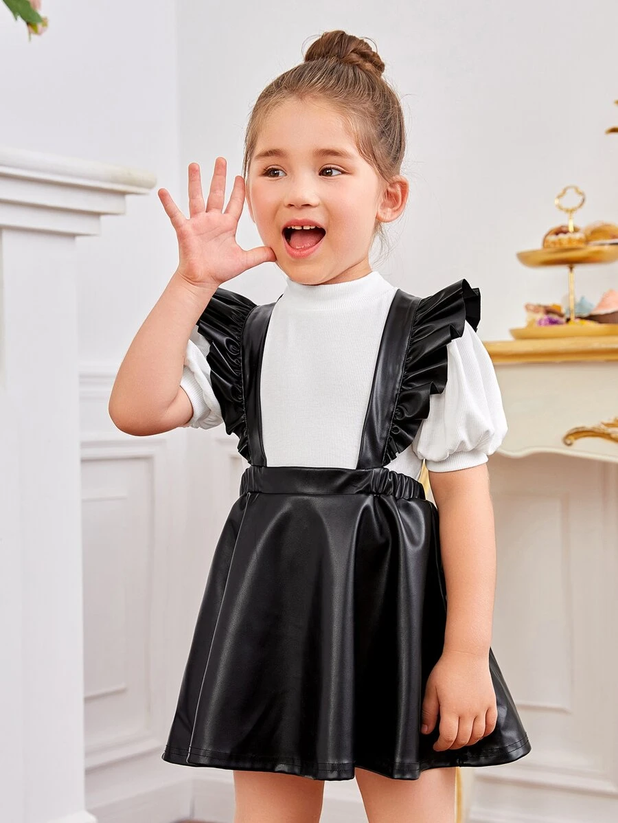 SHEIN Toddler Girls Stand Neck Top & Ruffle Trim Pinafore Dress - Black and White - View 1