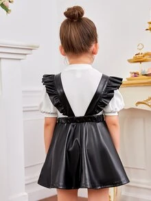 SHEIN Toddler Girls Stand Neck Top & Ruffle Trim Pinafore Dress - Black and White - View 2