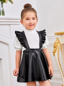 SHEIN Toddler Girls Stand Neck Top & Ruffle Trim Pinafore Dress - Black and White - View 3