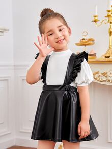 SHEIN Toddler Girls Stand Neck Top & Ruffle Trim Pinafore Dress - Black and White - View 4