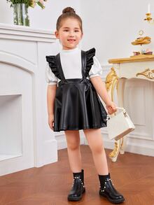 SHEIN Toddler Girls Stand Neck Top & Ruffle Trim Pinafore Dress - Black and White - View 5