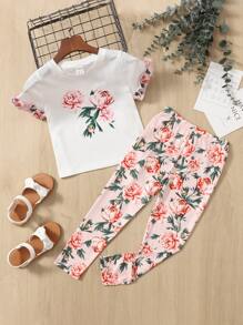 SHEIN Leap Crew Young Girl Floral Print Ruffle Trim Tee & Leggings - Multicolor - View 1