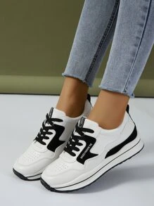 運動跑步鞋適用於女士字母貼飾繫帶運動鞋 - 黑與白 - 查看 4