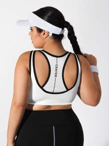Plus Letter Graphic Contrast Binding Racer Back Zipper Front Sports Bra - White - View 2