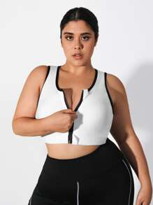 Plus Letter Graphic Contrast Binding Racer Back Zipper Front Sports Bra - White - View 1