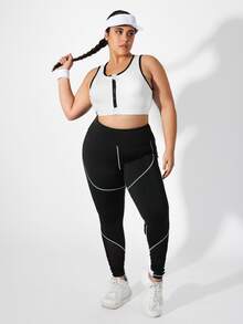 Plus Letter Graphic Contrast Binding Racer Back Zipper Front Sports Bra - White - View 3