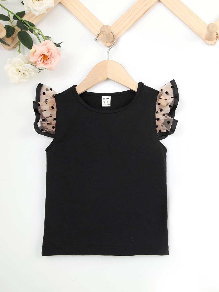 SHEIN Tops con gái lớn Tương phản Mesh Chấm bi Dễ thương - màu đen - Xem 1