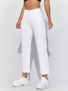 SHEIN EZwear Solid Crop Jeans - White - View 1