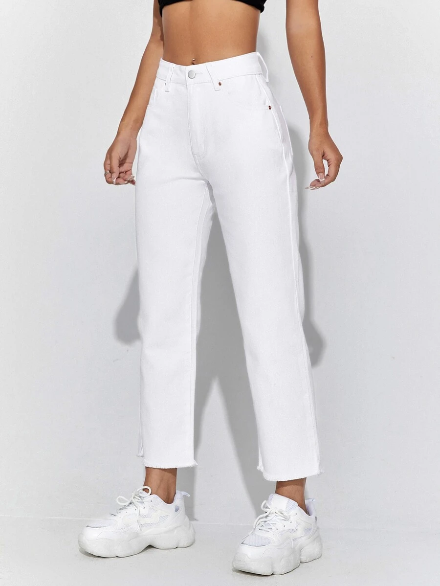 SHEIN EZwear Solid Crop Jeans - White - View 1