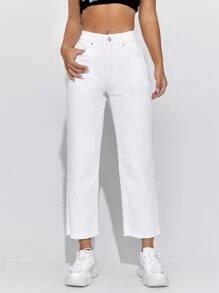 SHEIN EZwear Solid Crop Jeans - White - View 3
