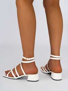 交叉粗跟踝帶涼鞋 - 白色 - 查看 2