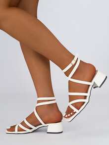 交叉粗跟踝帶涼鞋 - 白色 - 查看 3