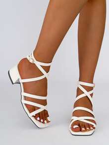交叉粗跟踝帶涼鞋 - 白色 - 查看 5