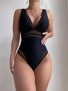 SHEIN Swim Summer Beach Mesh Panel One Piece Swimsuit - Black - View 3