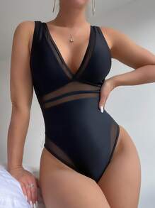 SHEIN Swim Summer Beach Mesh Panel One Piece Swimsuit - Black - View 4