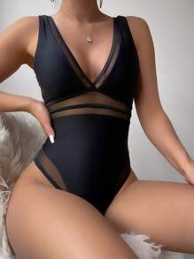 SHEIN Swim Summer Beach Mesh Panel One Piece Swimsuit - Black - View 6