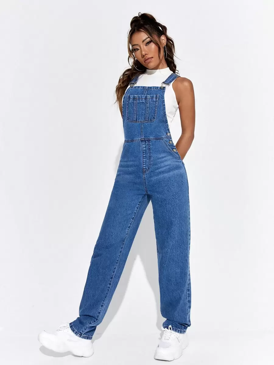 SHEIN EZwear Patched Pocket Denim Dungarees Without Tee - Medium Wash - View 1