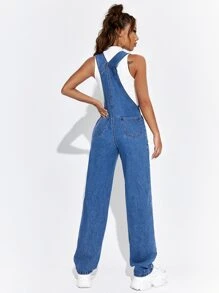 SHEIN EZwear Patched Pocket Denim Dungarees Without Tee - Medium Wash - View 2