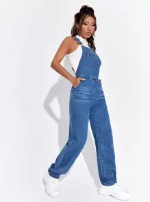 SHEIN EZwear Patched Pocket Denim Dungarees Without Tee - Medium Wash - View 3
