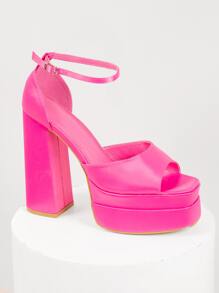 緞面踝帶超厚底高跟鞋 - 玫紅色 - 查看 2