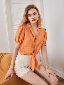 SHEIN Button Front Knot Hem Puff Sleeve Bodysuit - Orange - View 5