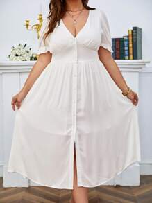 SHEIN Frenchy Vestido con botón delantero de manga farol - Blanco - Ver 1