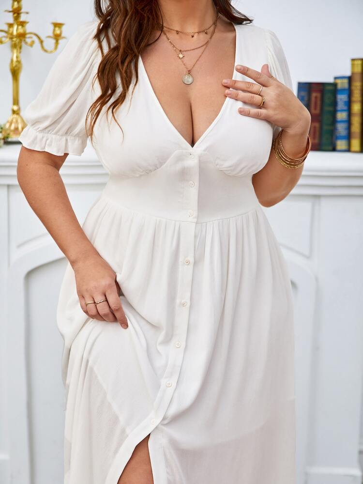 SHEIN Frenchy Plus Puff Sleeve Button Front Dress - White - View 2