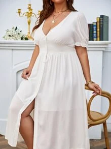 SHEIN Frenchy Vestido con botón delantero de manga farol - Blanco - Ver 4