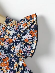 SHEIN Young Girl Ditsy Floral Flutter Sleeve Keyhole Back Blouse - Multicolor - View 5