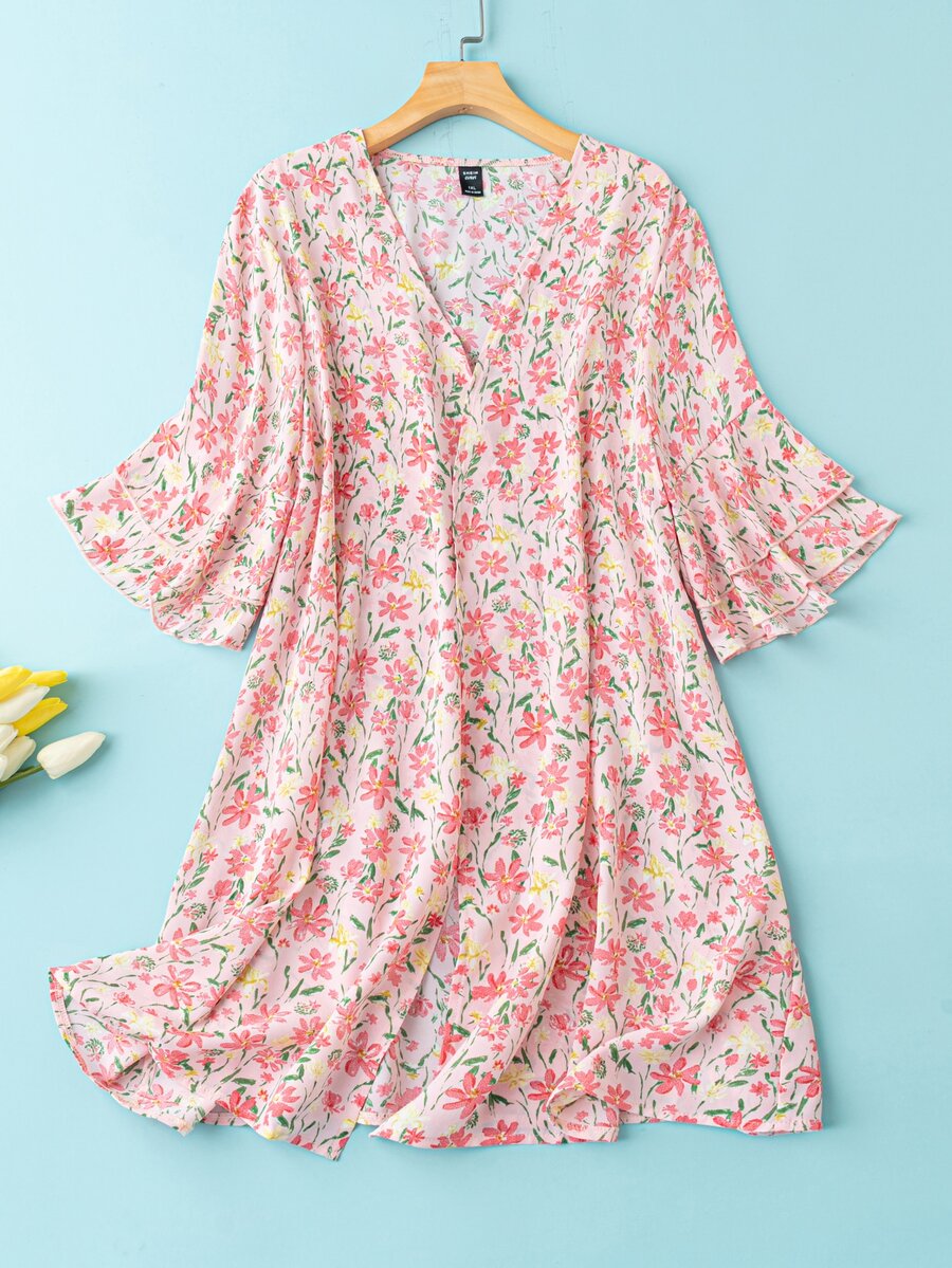 Plus Ditsy Floral Print Chiffon Kimono