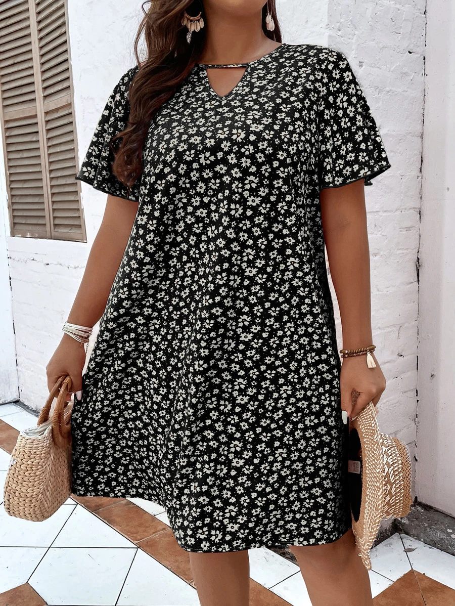 SHEIN LUNE Plus Ditsy Floral Keyhole Neck Dress - Black - View 1