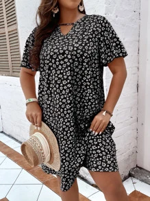 SHEIN LUNE Plus Ditsy Floral Keyhole Neck Dress - Black - View 4