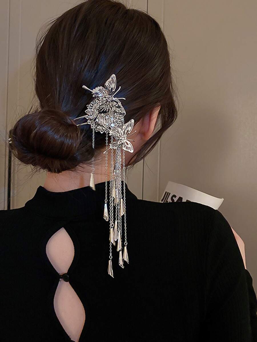 蝴蝶和金屬流蘇裝飾髮夾 - 銀色 - 查看 1