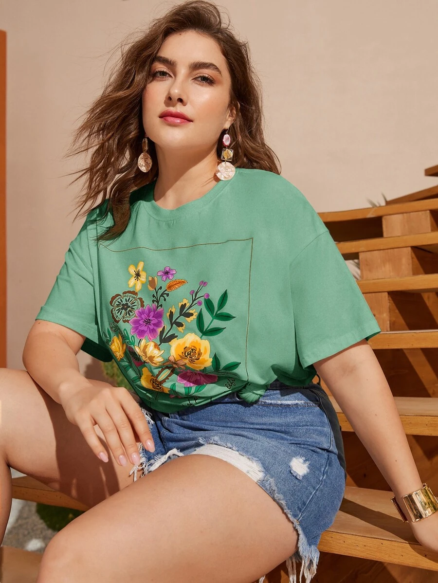 Dreamara Plus Floral Print Drop Shoulder Tee - Mint Green - View 1