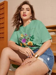 Dreamara Plus Floral Print Drop Shoulder Tee - Mint Green - View 7