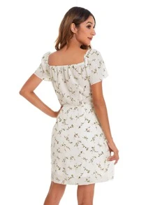 SHEIN Frenchy Ditsy Floral Sweetheart Neck Drawstring Front Dress - Beige - View 2