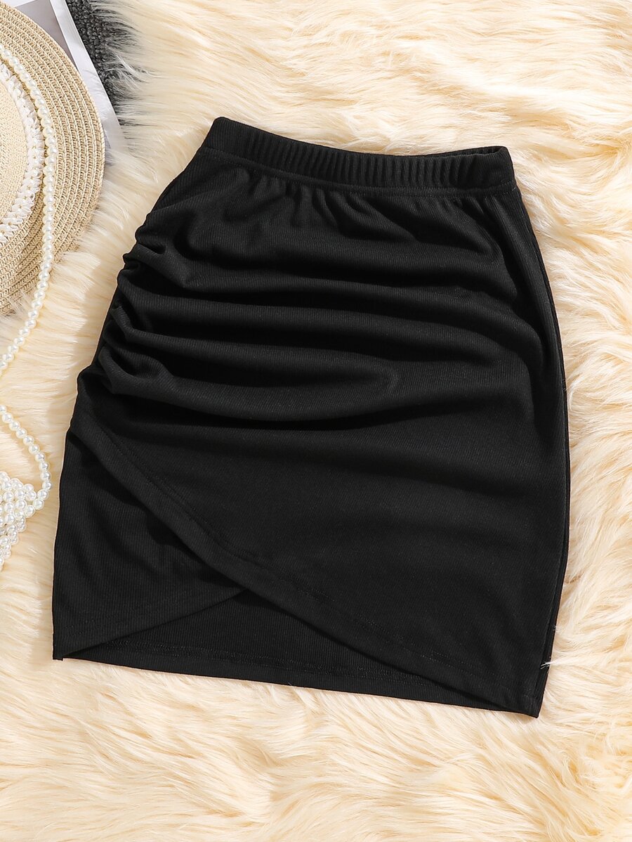 SHEIN Falda acampanada para niña preadolescente con costillas, pliegues y abertura lateral, informal y ajustada - Negro - Ver 1