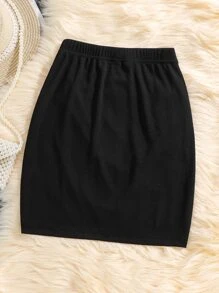 SHEIN Falda acampanada para niña preadolescente con costillas, pliegues y abertura lateral, informal y ajustada - Negro - Ver 2