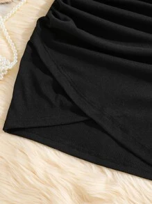 SHEIN Falda acampanada para niña preadolescente con costillas, pliegues y abertura lateral, informal y ajustada - Negro - Ver 4