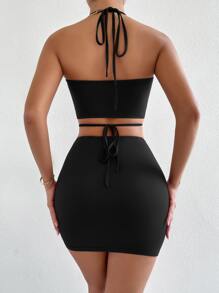 Zolique Two Tone Criss Cross Halter Top & Bodycon Skirt - Black and White - View 2