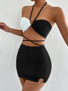 Zolique Two Tone Criss Cross Halter Top & Bodycon Skirt - Black and White - View 3