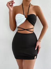 Zolique Two Tone Criss Cross Halter Top & Bodycon Skirt - Black and White - View 6