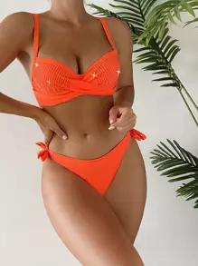 Neon Orange Rhinestone Detail Twist Push Up Tie Side Bikini - Orange - View 1