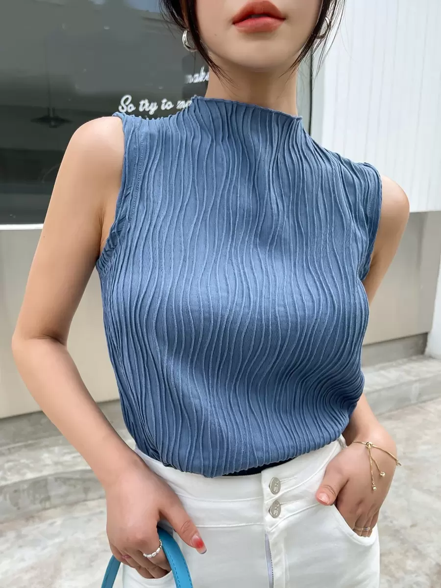 DAZY Stand Neck Solid Tank Top Summer - Blue - View 1