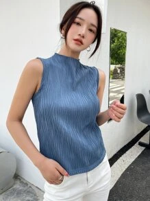 DAZY Stand Neck Solid Tank Top Summer - Blue - View 3