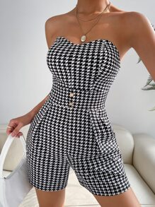 SHEIN Privé Houndstooth Print Fold Pleated Tube Romper - Black and White - View 3