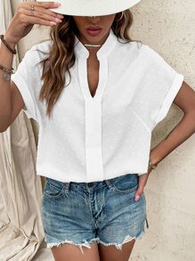 SHEIN LUNE Swiss Dot Batwing Sleeve Popover Blouse - White - View 3