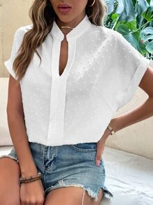 SHEIN LUNE Swiss Dot Batwing Sleeve Popover Blouse - White - View 6