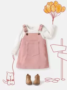 Baby Patched Pocket Pinafore Dress & Tee - Multicolor - View 1